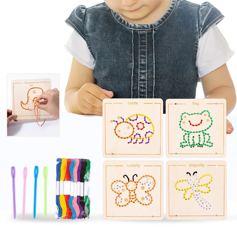 Kids Embroidery Puzzle Wooden Lacing Toy Cartoon Pattern Threading Set Busy Board Threading Activity Educational Toys Kids Gift