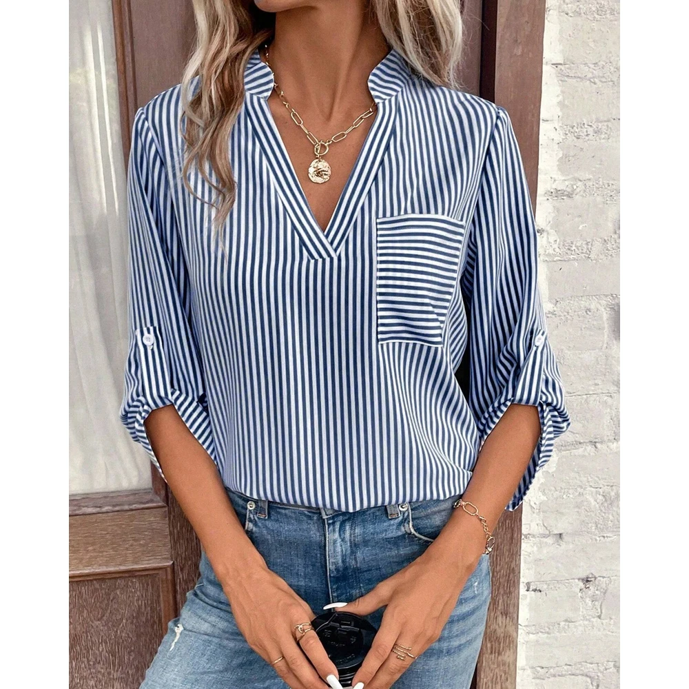 

Summer Casual Shirt for Women Striped Print Three Quarter Sleeve Shirts & Blouses Femme Fashion V-Neck Buttoned Blouse Top y2k