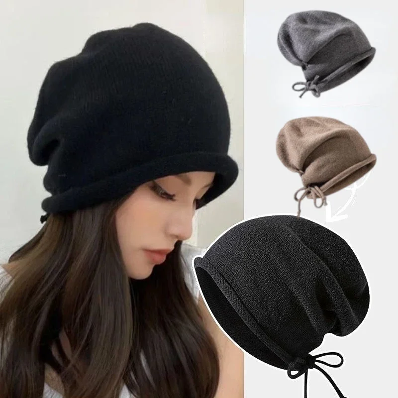 Knitted Bonnet Hoods Female Winter Warm Baggy Slouchy Beanies Hat Women Fashion Drawstring Pullover Cold Hats for Ladies Winter