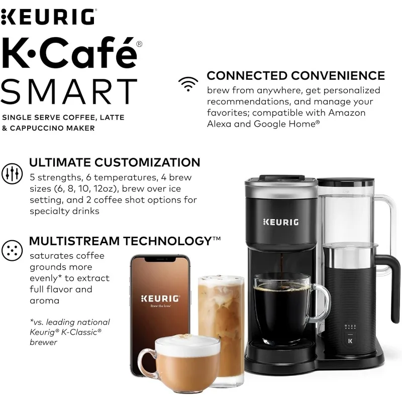 Keurig k-カフェスマートシングルフォーンカップコーヒー、フラットテ、カプチーノメーカー、ブラック