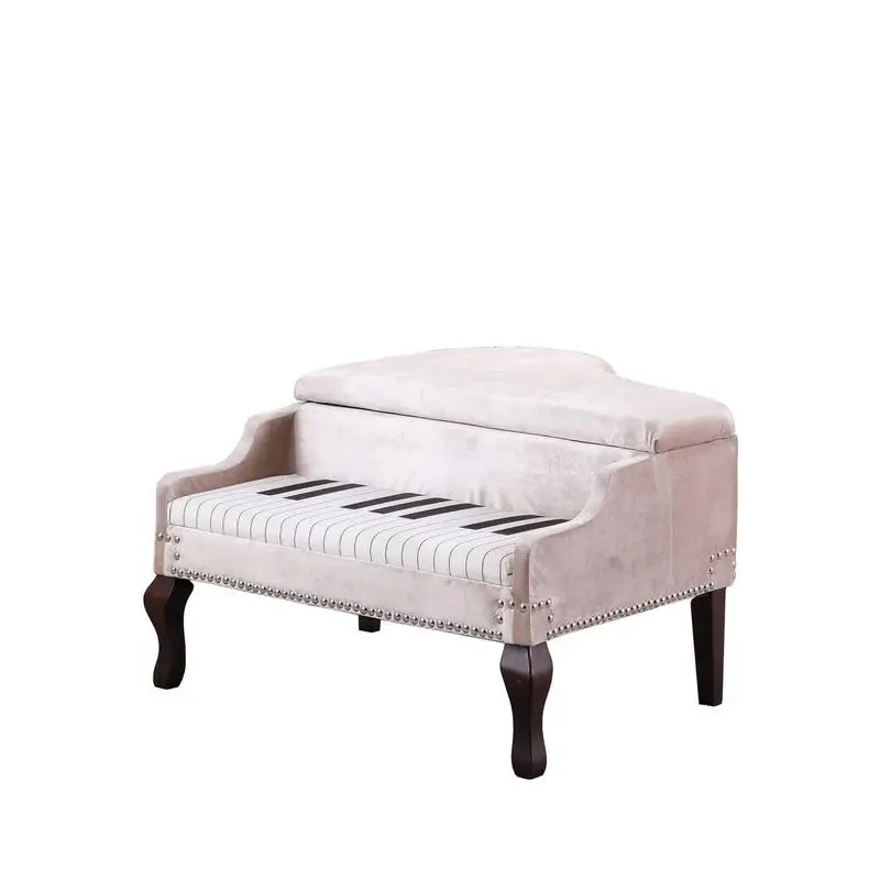 

21-Inch Beige Piano Storage Ottoman with Silver Nailheads