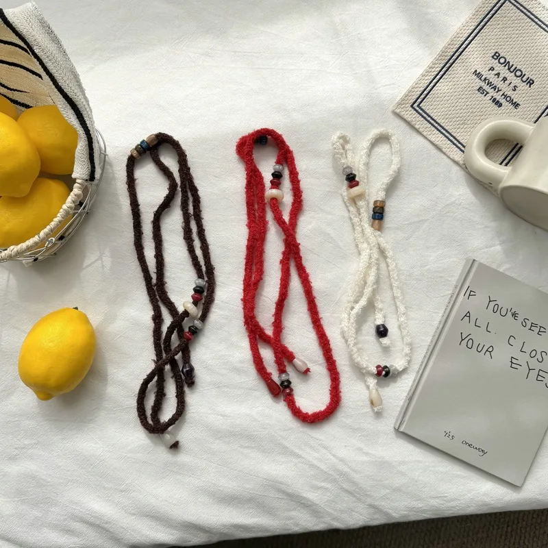 Solid Color Knitted Wool Beaded Necklace 2025 New Retro Easy Matching Niche Design Sweater Chain Bracelet Accessories