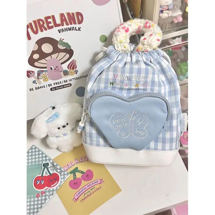 Vintage Women Denim Backpack Cute Bucket Bag Design Blue Plaid Kawaii Handbag Girls Y2k Embroidery Backpacks String Mini Bag New