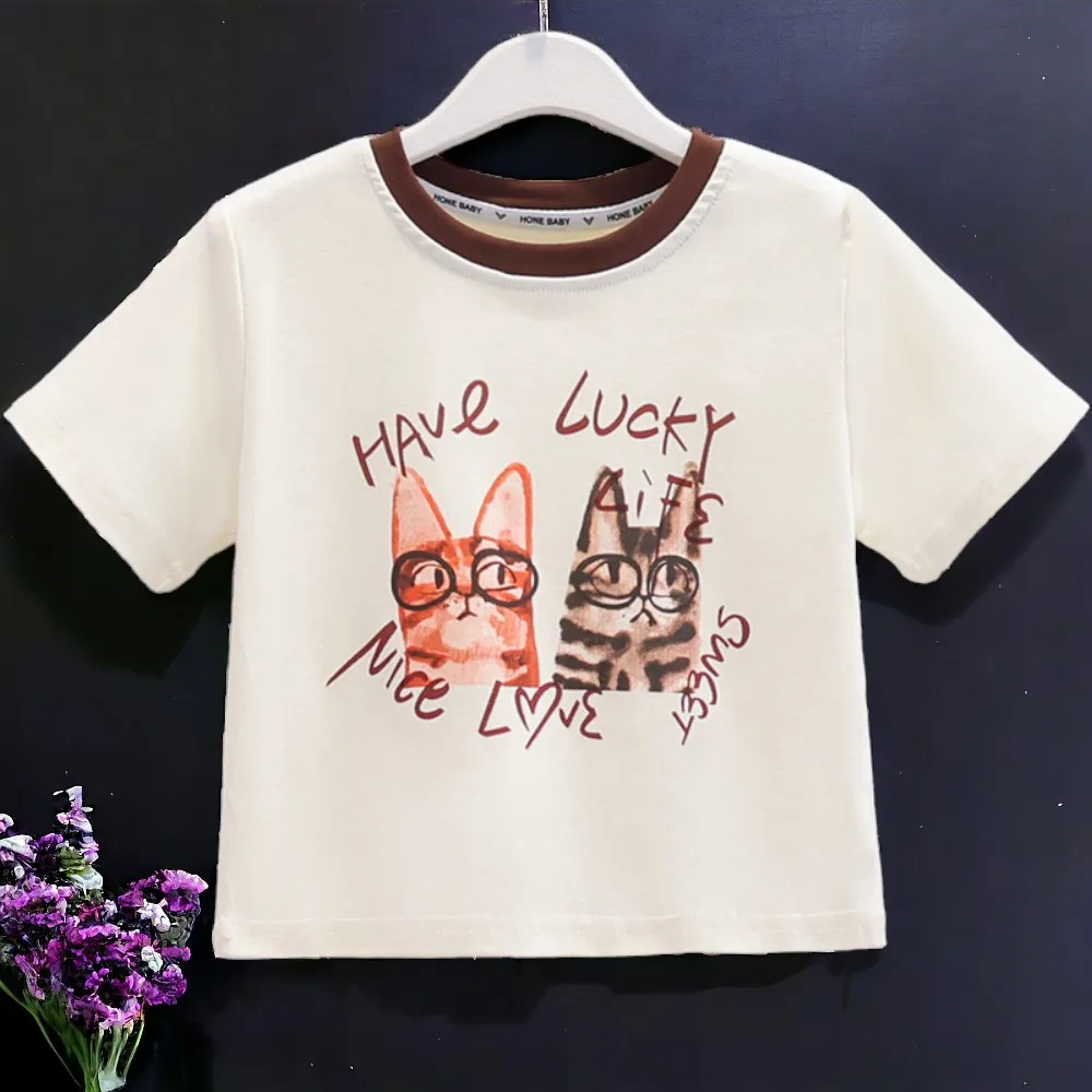 Pakaian anak perempuan remaja musim panas setelan baju gambar kucing & celana pendek Denim 2 potong Set kostum bayi anak-anak Tracksut Sekolah 6 8 9 10 12 tahun