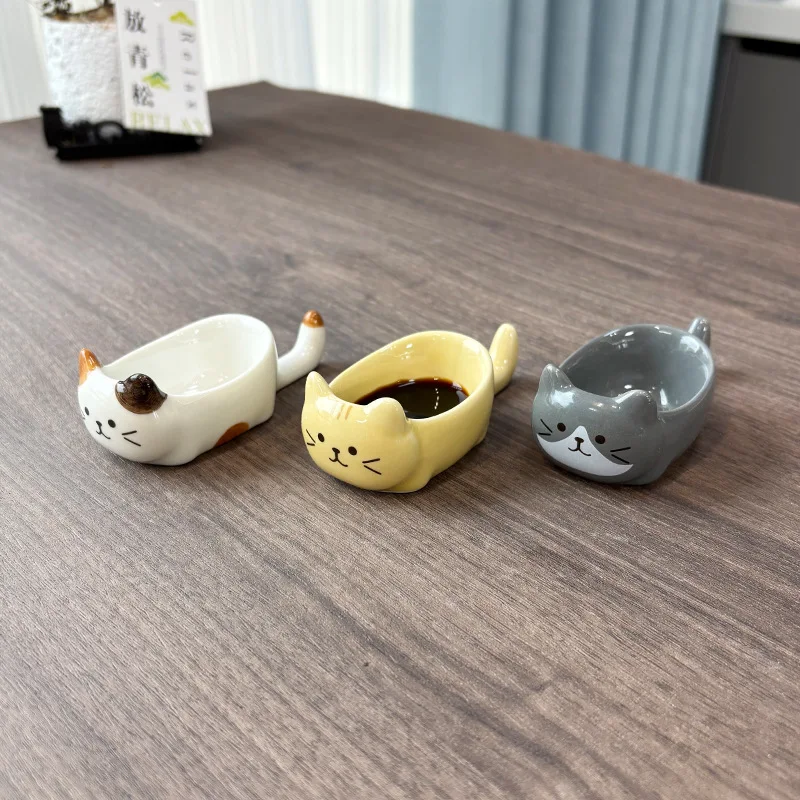 Plato de cerámica con diseño de gato lindo para condimentos, salsa, palillos y aperitivos, creativo para el hogar