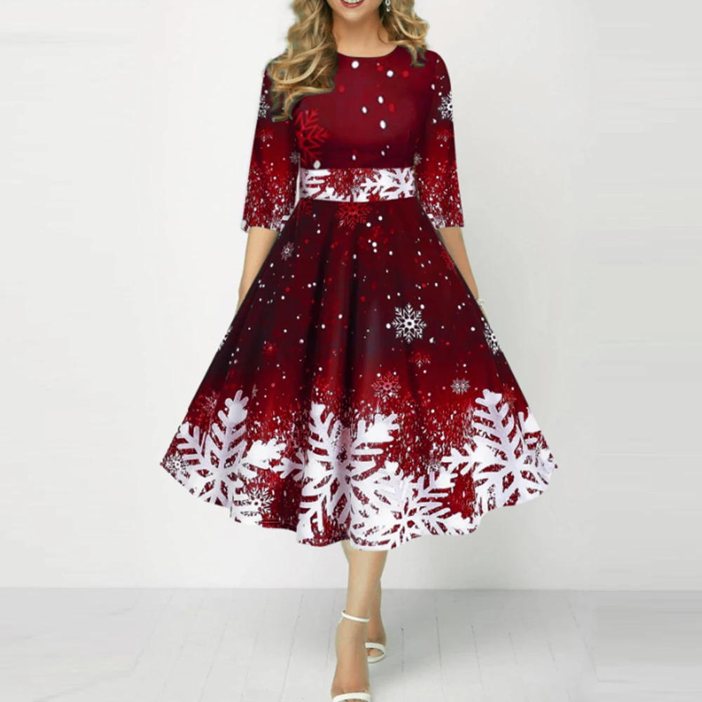 Christmas Costume Party Dresses for Women Snowflake Printed Slim A-Line Dress Xmas Holiday Ladies Half Sleeve Robe Vestidos