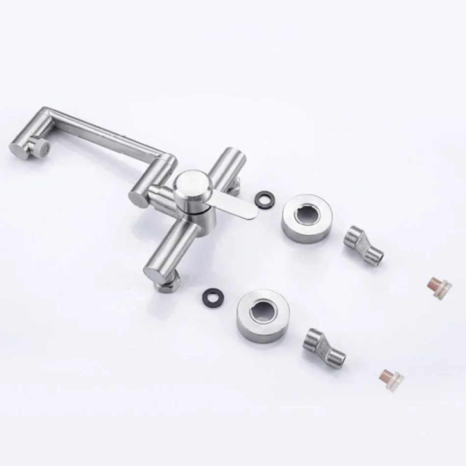 Kitchen Sink Faucet Wall Mounted 304 Stainless Steel Swinging Arm Rotation Double Hole Hot and Cold Water Saving Mixer Basin Tap