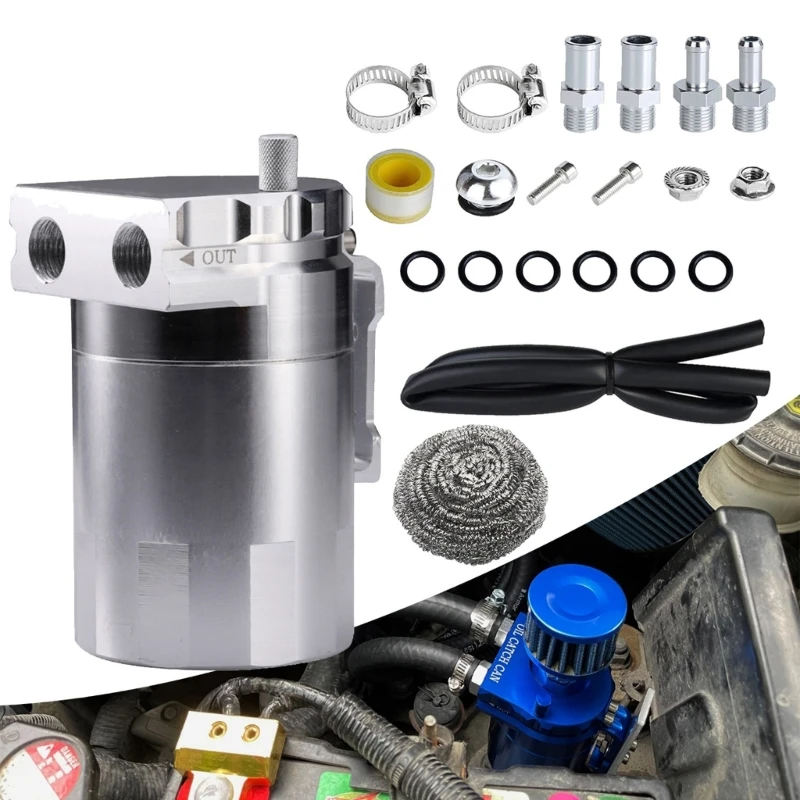 Car Baffled Oil Catch Can Reservoir Tanks with Air Filter Breather Baffled Aluminum Fittings Oil Dipstick Hole Kettle