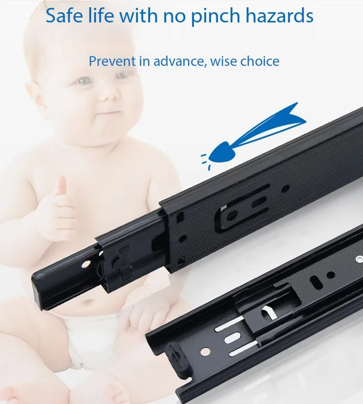 Drawer Rail Black Cold Rolling Steel 3-Way Drawers Slide Three Section Slides 8 to 22 Inch 3 Way Sliding Tracks Furniture Rails