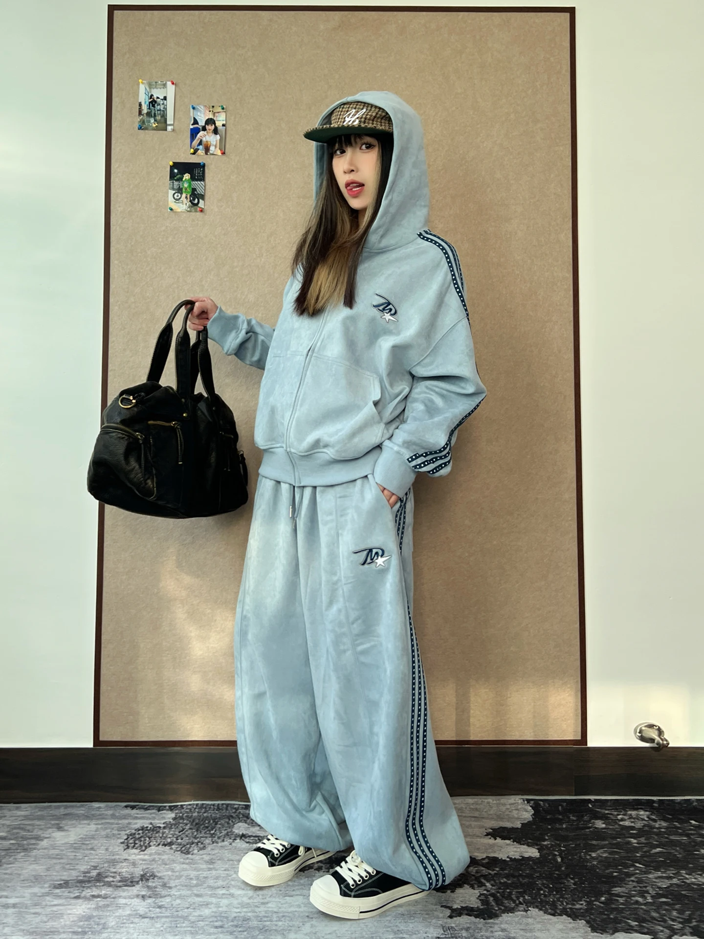 

Casual Embroidered Suede Logo Sweatirt Hoodie Loose Fit Spring Autumn Wear Comfortable Breathable Faion Outerwear Set