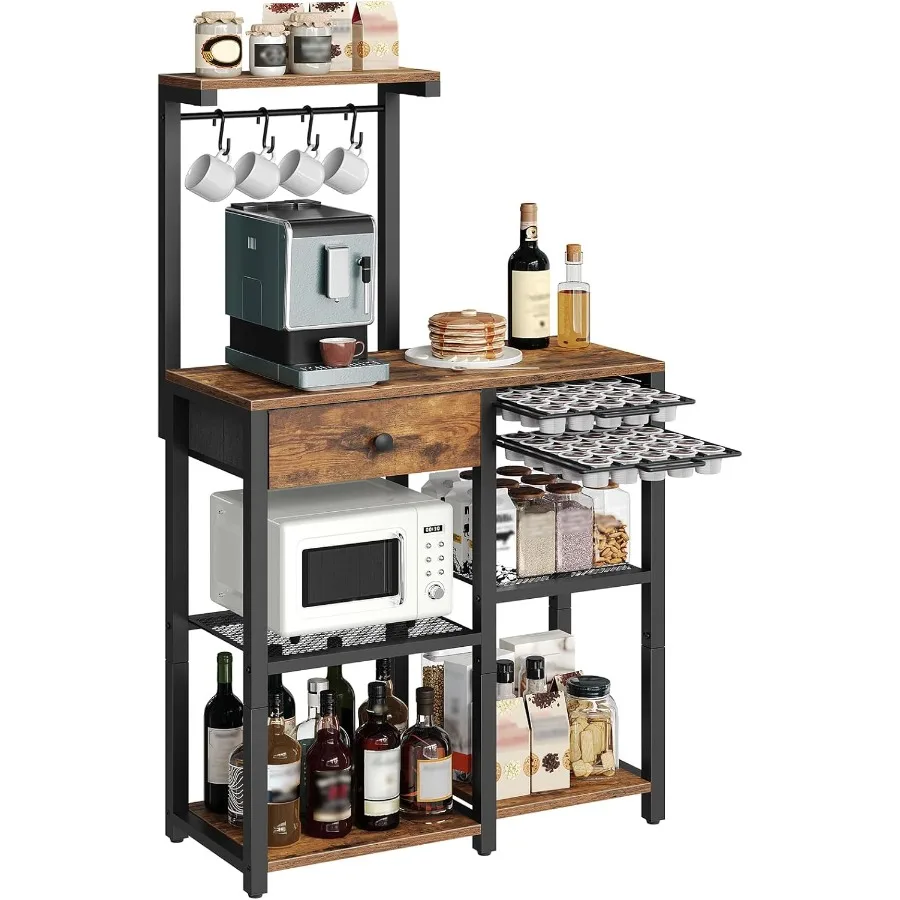 

Bakers Rack with Storage 5-Tier Coffee Bar Station with Drawer Kitchen Coffee Stand with Pod Drawer Holder for Living Room Home