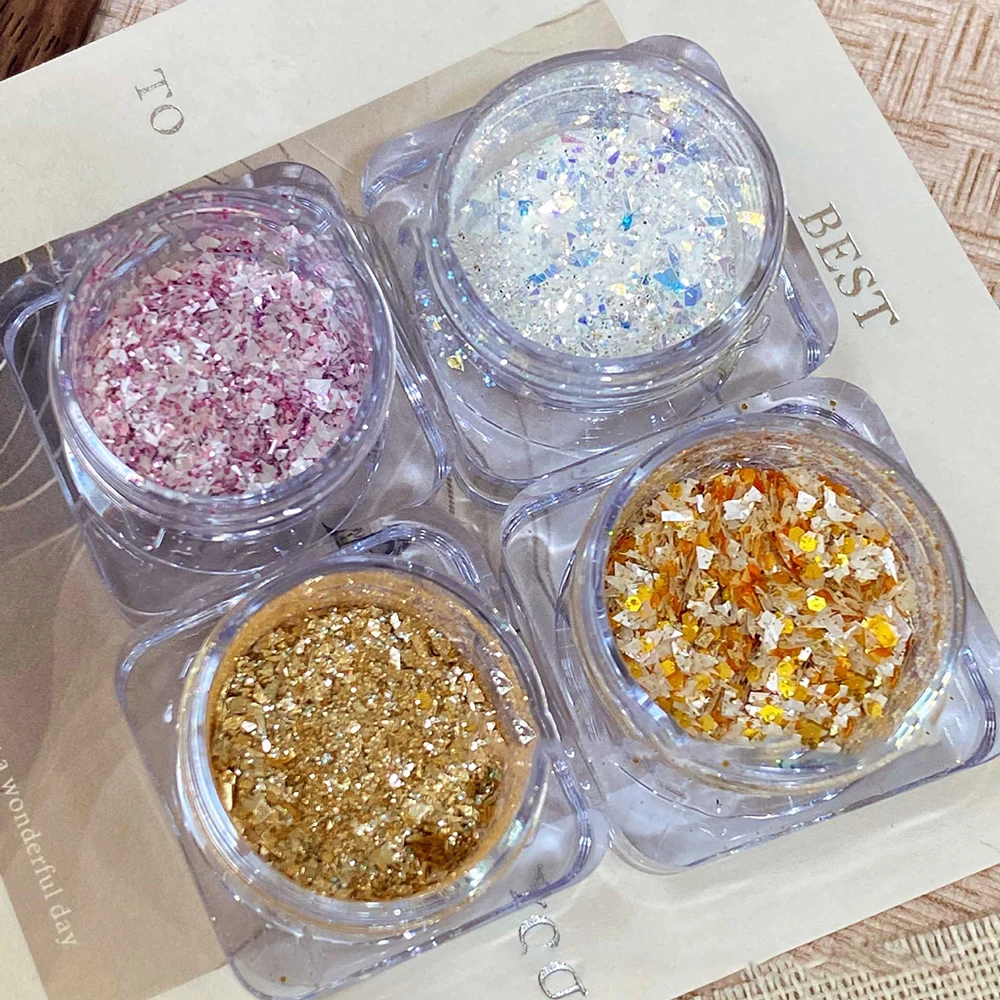 1jar Gold Leaf Fragments Nail Glitter Aurora Shiny Ultra-Thin Flakes For Nail Decoration Holographic Pink Yellow Sparkles Manicu