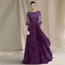 Long Wedding Guest Party Dress For Woman Appliue Floor Lengh Chiffon Formal Mother Of The Bride Gown Plus Size A Line 3/4 Sleeve