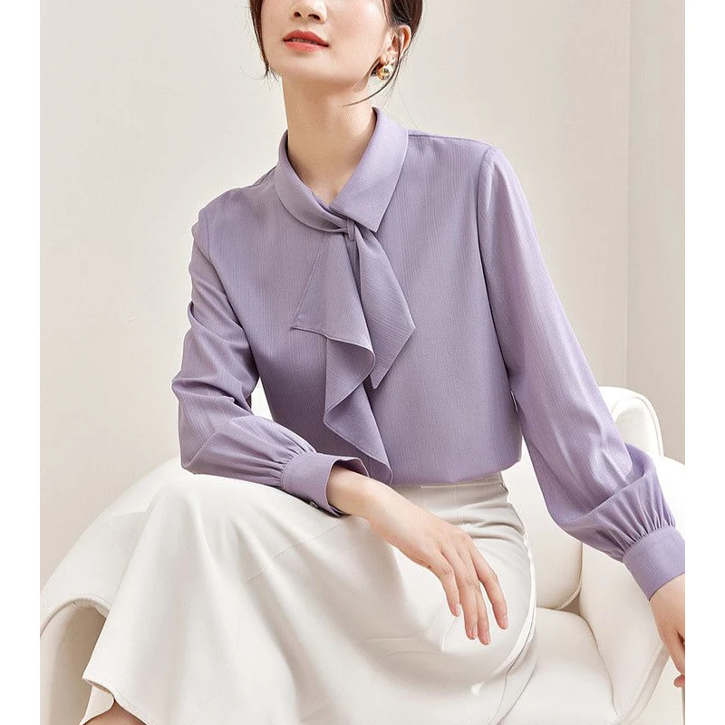 Spring Autumn Elegant Fashion Scarf Collar Shirt Ladies Long Sleeve Temperament Solid Color All-match Top Women Pullover Blouse