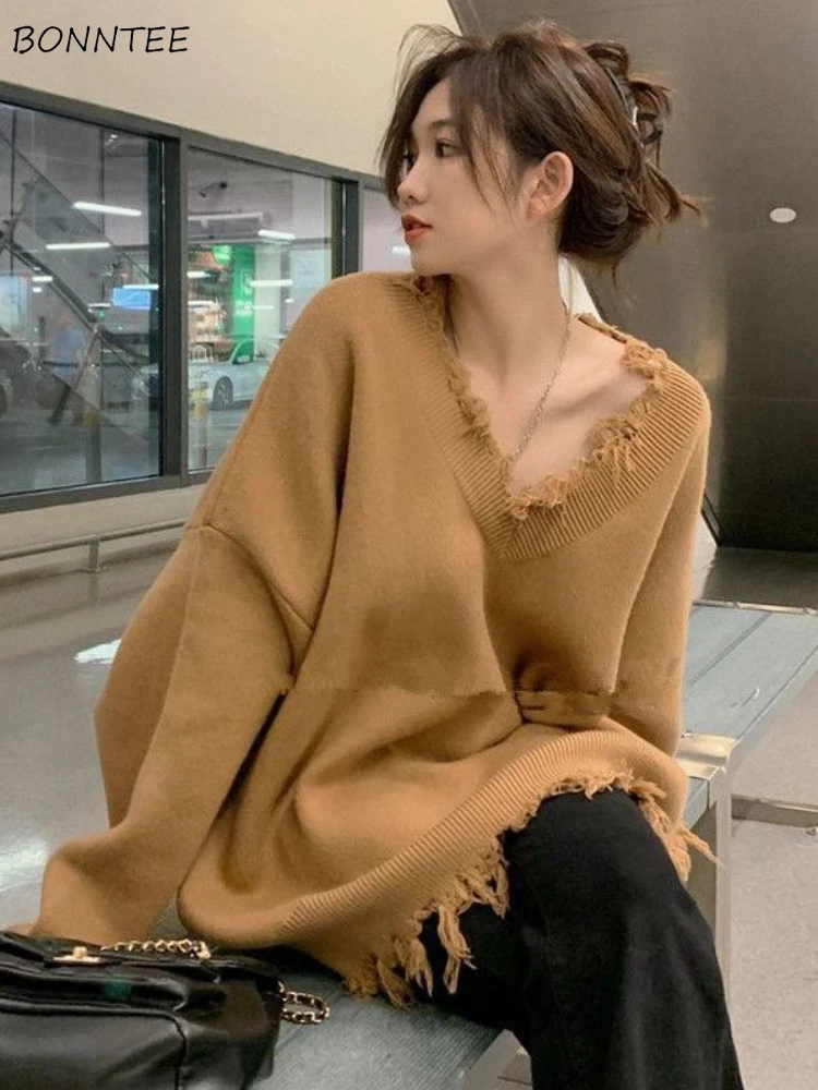 

Fashion Japanese Style Frayed Sweaters Women Pullovers Y2k Loose Autumn Winter Ladies High Street Knit Clothes All-match Retro