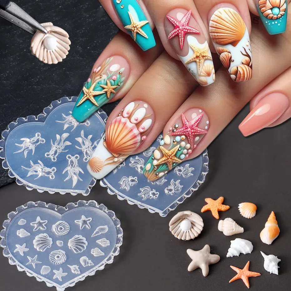 Beach Style Starfish and Conch Cute Goldfish Design Mould Nail Art Stencil Silicone Carving Mold DIY Nail Jewelry Making Tools