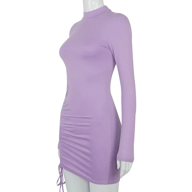 JINIA Abito aderente con volant a maniche lunghe Donna Dolcevita Fasciatura Mini abiti Autunno Nero Skinny Elastico Abiti da festa