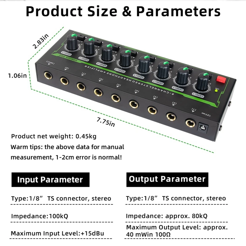 AIAI 8 canali Mini amplificatore per cuffie stereo HA800S PRO Amplificatore audio ultracompatto con adattatore di alimentazione