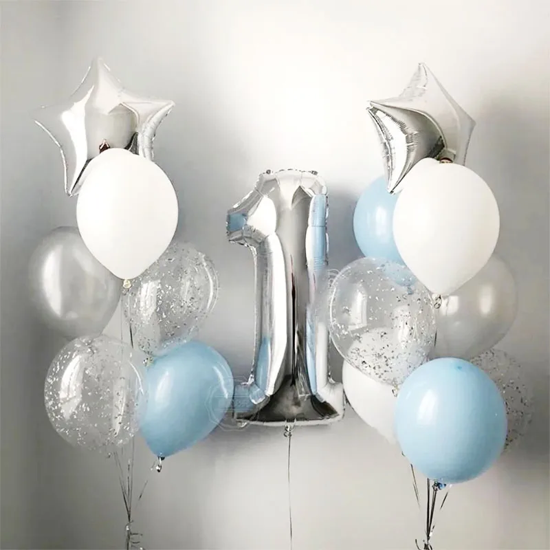 15pcs Silver Number Starl Foil Balloons 1st Birthday Party Decorations Kids Boy First One Year Old Anniversary Globos Supplies