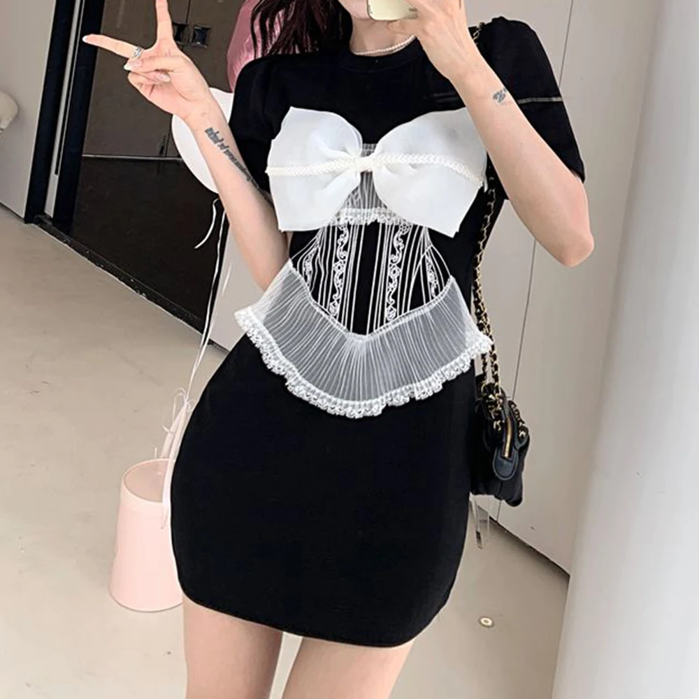 

Bow dress women's summer waist and thin design sweet or salt unique short skirt small black vintage dress