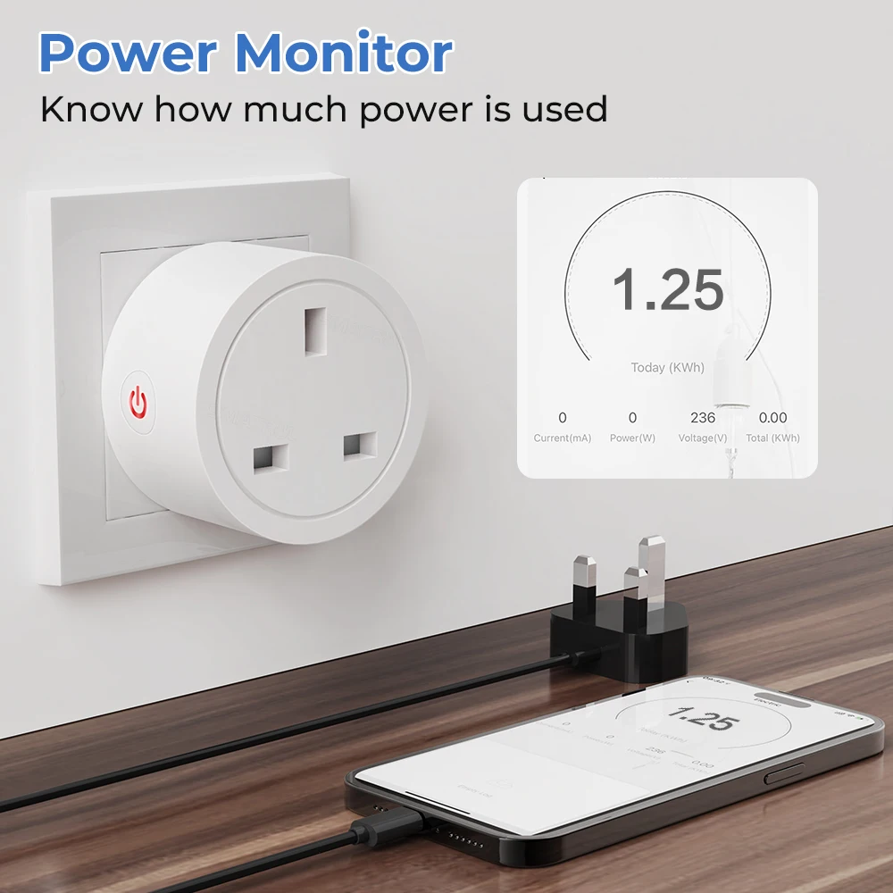 Tuya Smart 20A Wifi Plug UK Wireless Control Socket Outlet with Energy Monitering Timer Function Works with Alexa Google Home