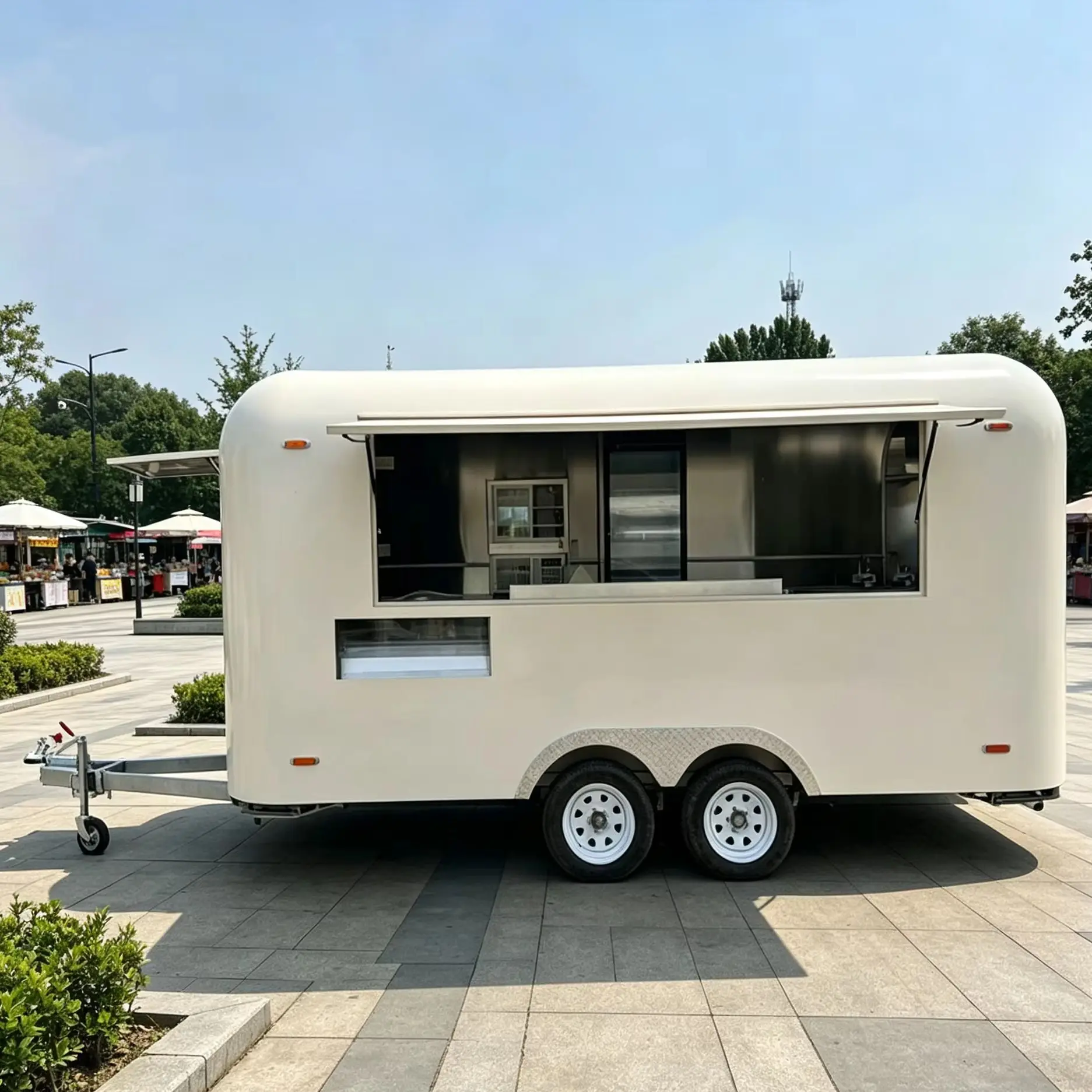 Stainless Steel Style Mobile Food Trailer Dual‑Axle Concession Food Truck Outdoor Street Vending Catering Trailer