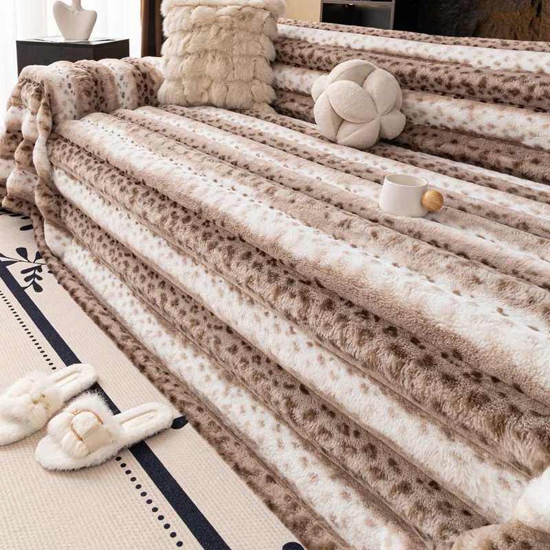Faux Rabbit Fur Leopard Print Sofa Towel Thick Soft Anti Slip Sofa Cover for Living Room Autumn and Winter Plush Couch Cushion