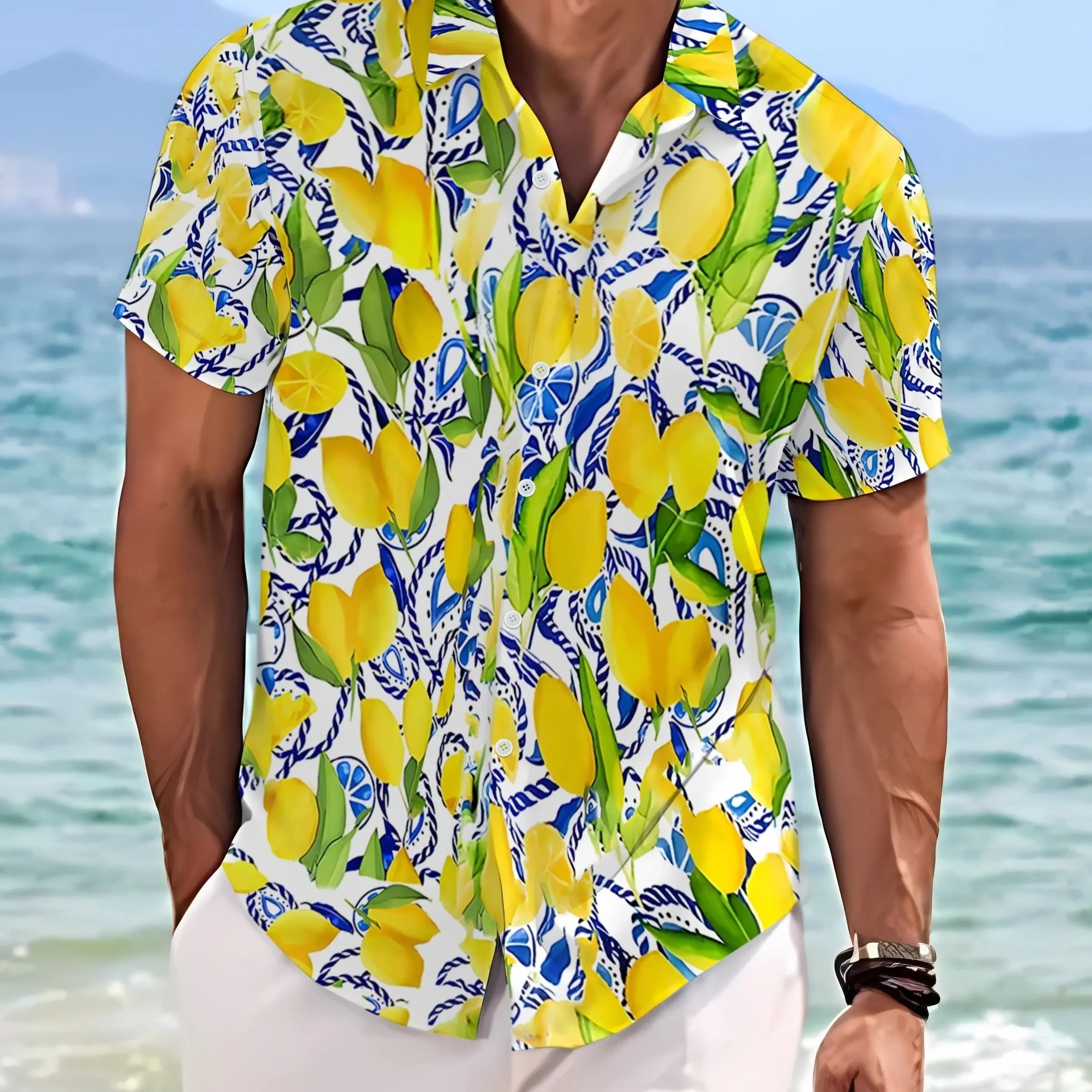 Men Lemon Print Hawaiian Shirt Short Sleeve Button‑Up Casual Beach Vacation Unisex Top