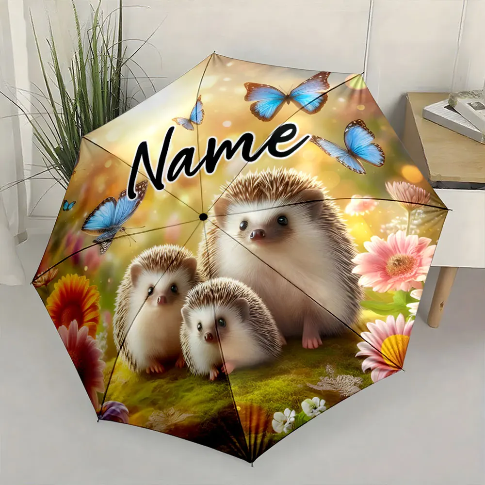 Custom Name Adorable Hedgehogs Print Umbrella with Butterflies Flowers 8 Iron Ribs Folding Umbrella Auto-Open Fashion Sunshade