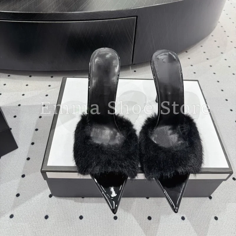 المرأة مثير ليوبارد طباعة خنجر كعب النعال مصمم فو الفراء تقليم أشار تو الصنادل الصيف أنيق فستان الحفلات الأحذية #5