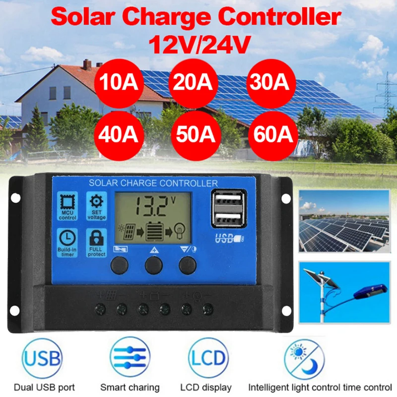 10A/20A/30A/40A/50A/60A 12V 24V Auto Solar Charge Controller PWM Controllers LCD Dual USB 5V Output Solar Panel Regulator