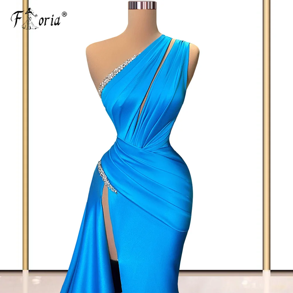 Blue One Shoulder Mermaid Prom Dress with High Slit Cyrstal Pleats Formal Evening Gown Custom Made Robes de soirée Party Dresses