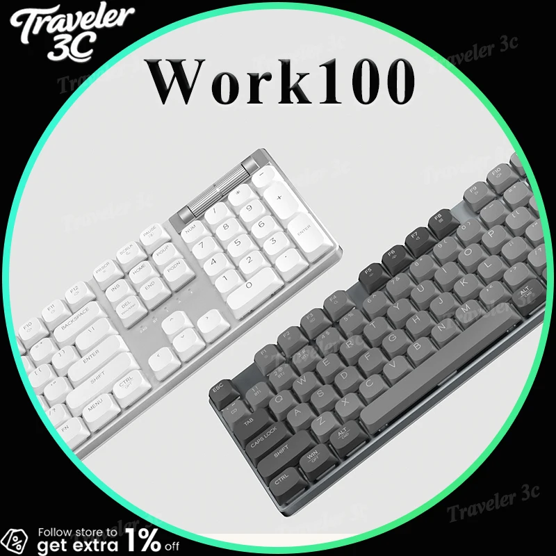

Yuanqifangtang work100 Низкий переключатель Индивидуальная механическая клавиатура 104 клавиши Полная клавиатура для игрового офиса Беспроводная три режима
