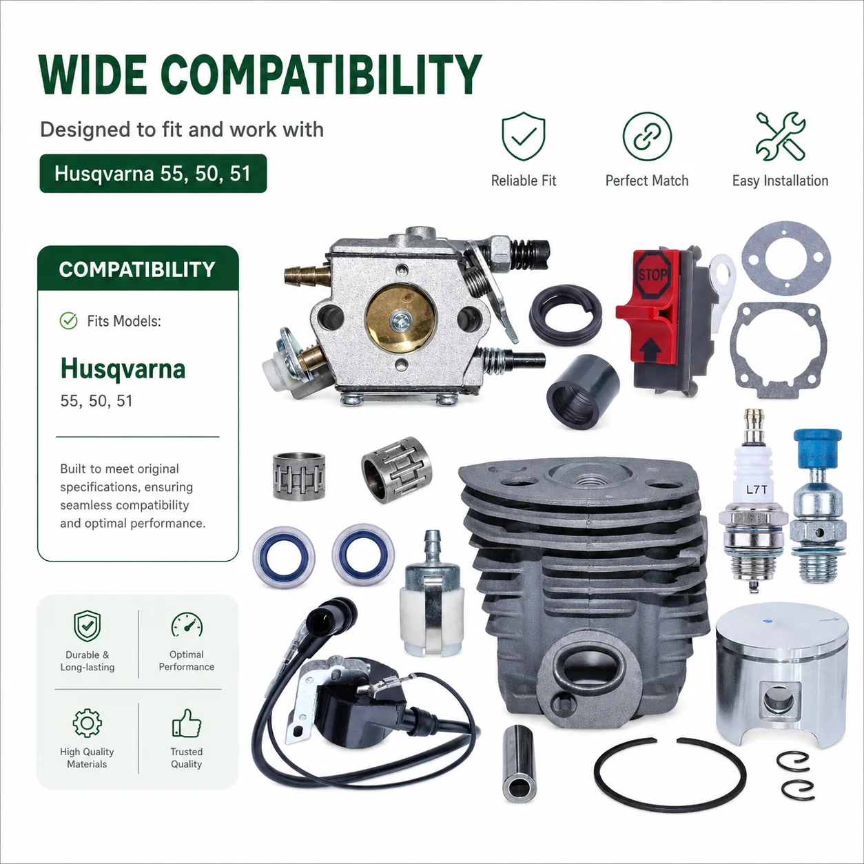 46mm Cylinder Piston Crank Bearing Kit For Husqvarna 55 50 51 Chainsaw Carburetor Gasket Decompression Valve OEM 503609171 Parts