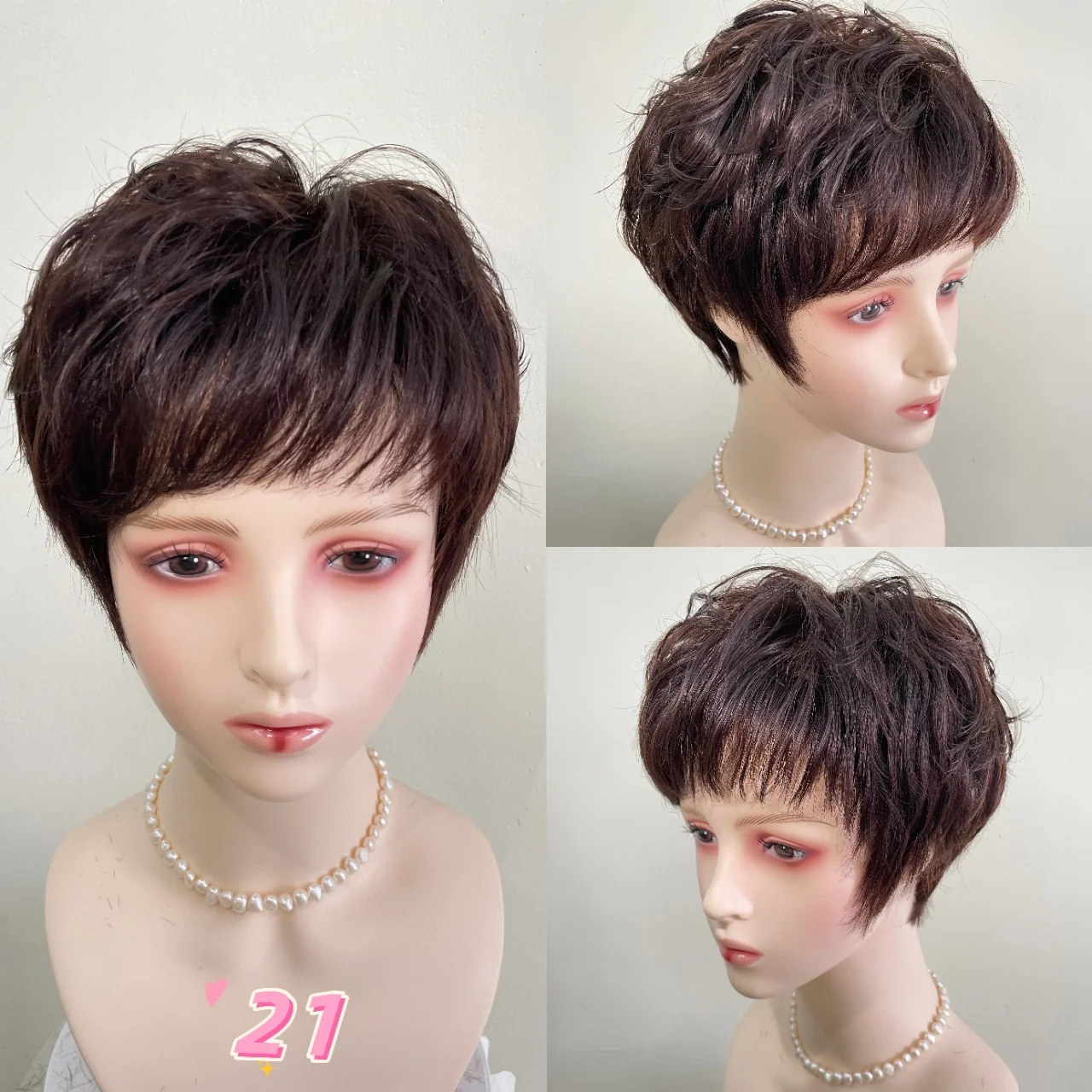 Short Hair Pixies Cut Wig Hand-Tied Full Lace Human Hair Wig Silk Crown Wear to go Wig With Fringe for Thin Hair Women Lady