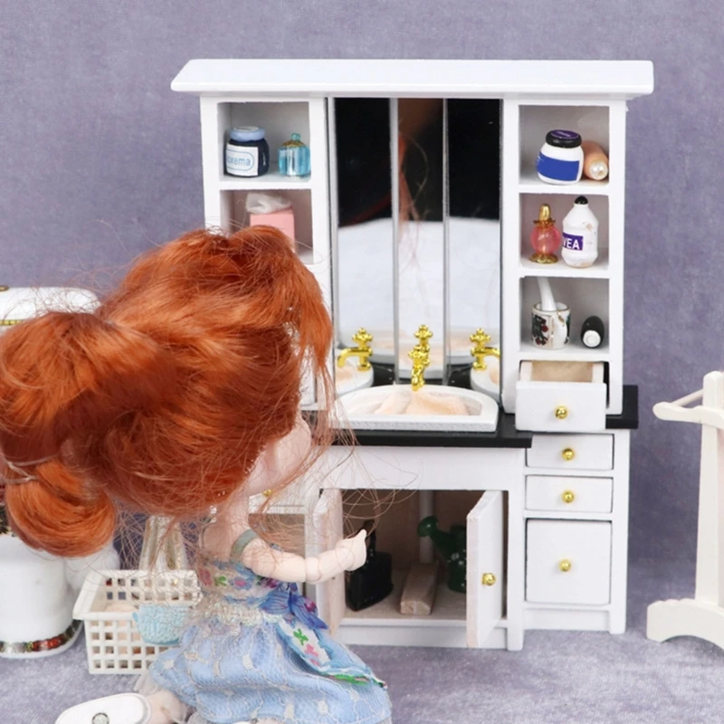 1/12 Armadietto per lavabo in legno per case delle bambole in miniatura Accessori per display per scene progetti modelli