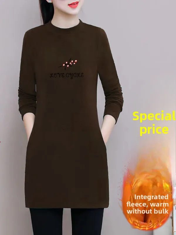 

Thickened Double-sided Fleece Warm Mid-Length Women's Base Shirt Fleece Lined Outerwear Mommy-to-be Belly Covering Top