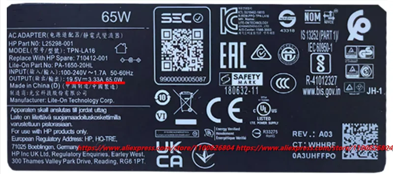 Genuine TPN-LA16 TPN-CA16 19.5V 3.33A 65W TPN-CA17 AC Adapter For HP L25298-001 A065R157P Laptop Power Supply Charger 710412-001