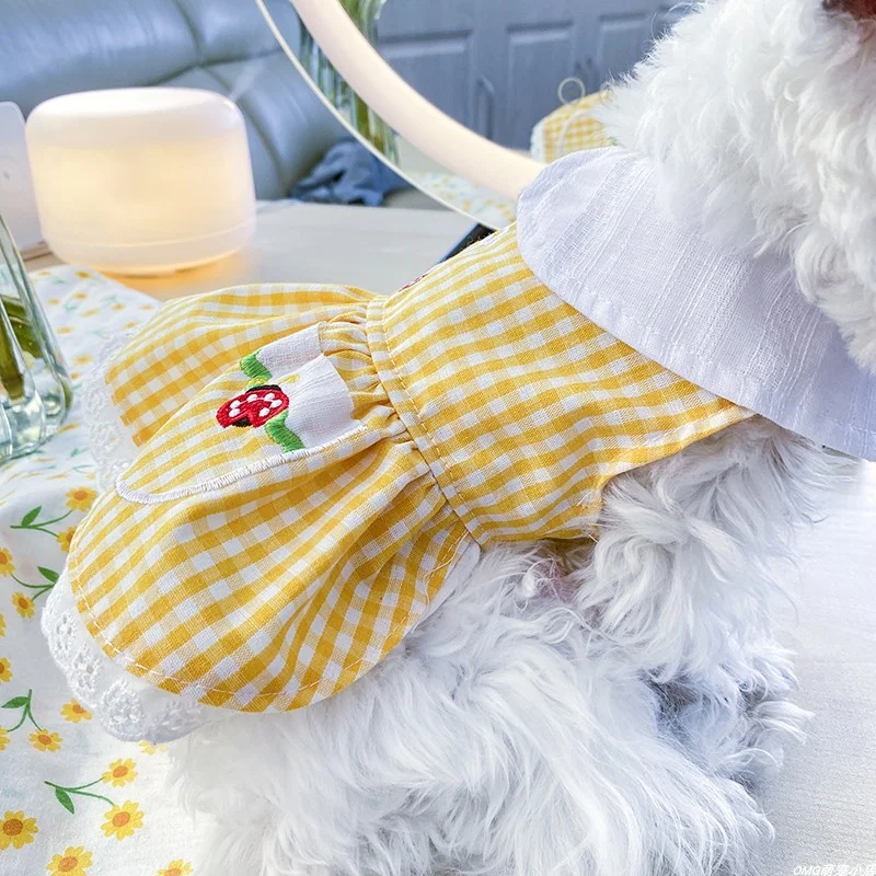 1PC Pet Clothes Spring/Summer Thin Yellow Checkered Ladybug Skirt Suitable for Small and Medium sized Dogs