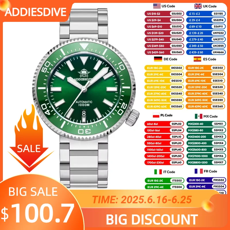 ADDIESDIVE 1000m Dive Watch Luxury Sapphire Men's Watches Waterproof luminous MY-H6 reloj hombre Automatic Mechanical Wristwatch