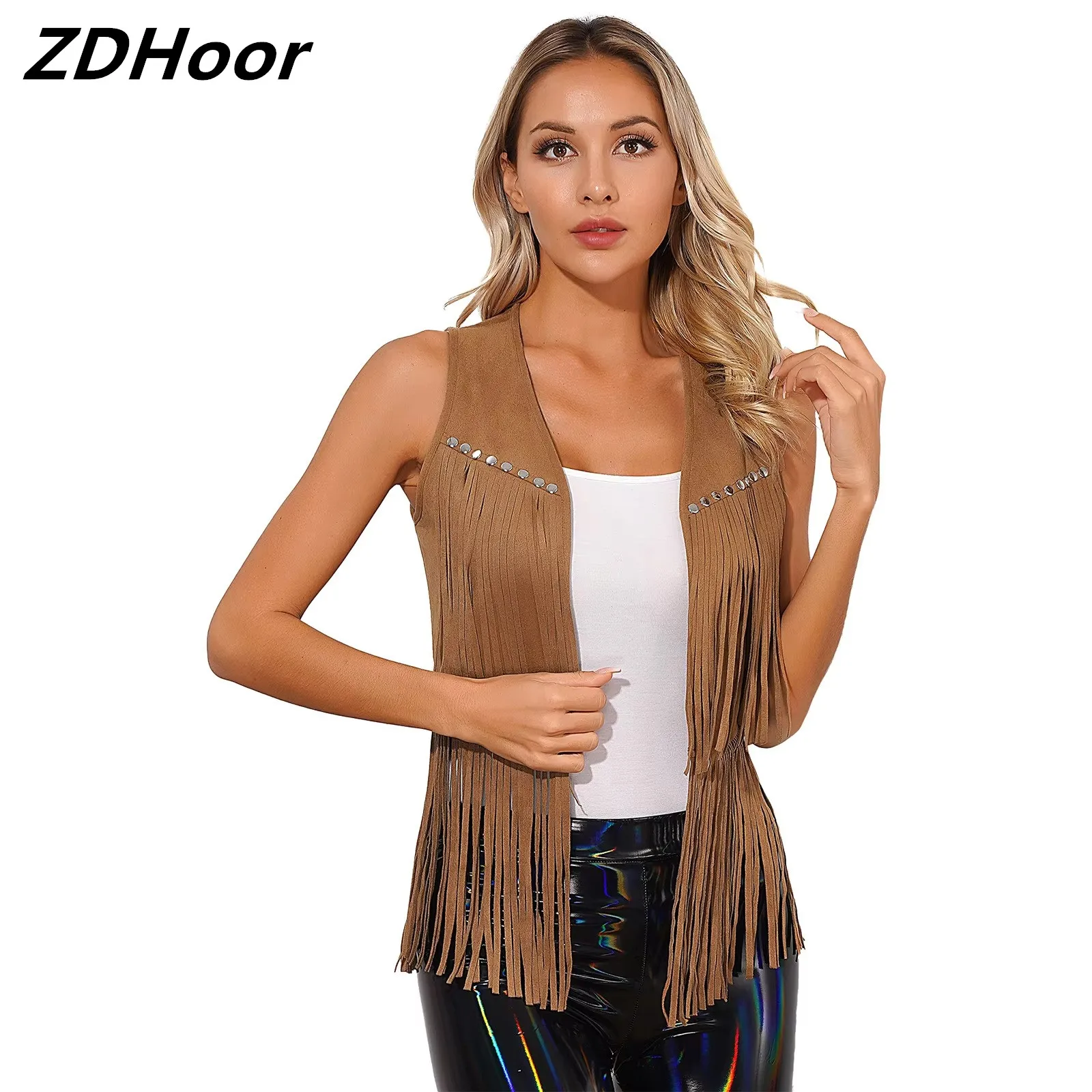 

Womens Faux Suede Tassel Vest Fashion Rivets Fringe Waistcoat Open Front Sleeveless Jacket