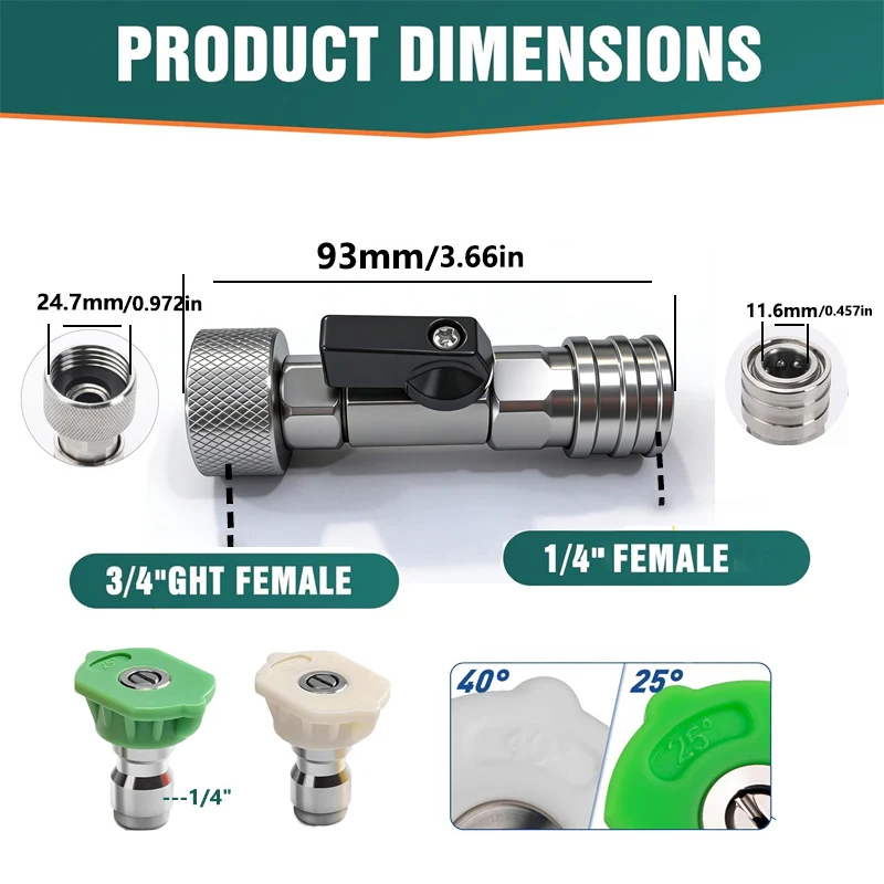 Garden Hose Shut Off Valve to Pressure Washer Adapter, 3/4" GHT to 1/4" Quick Connect, Car Washing Nozzle image 3