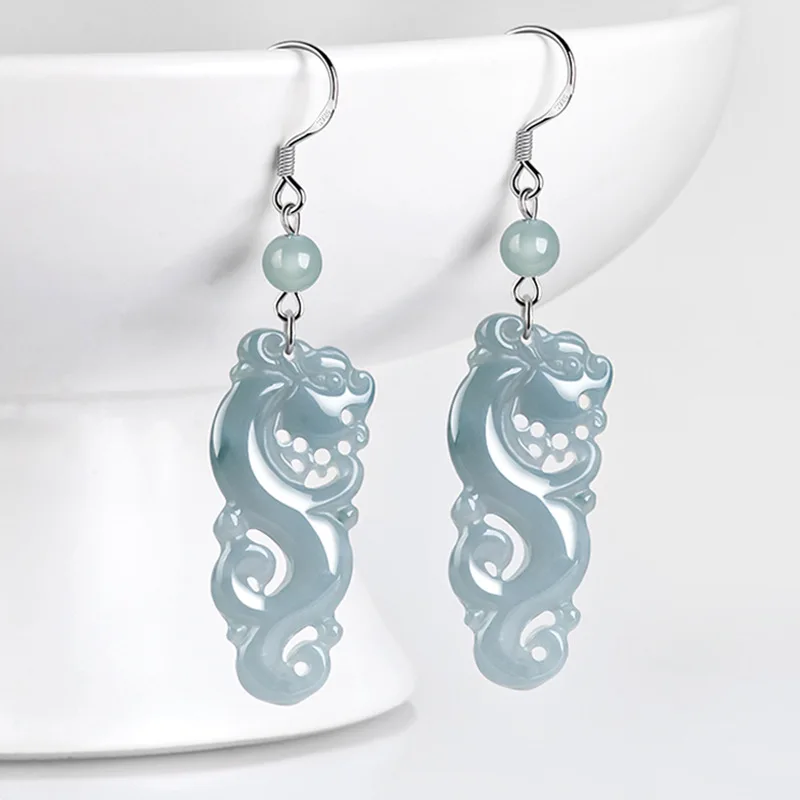 Blue Burmese Jadeite Dragon Earrings 925 Silver Gift Fashion Talismans Natural Jewelry Energy Gifts for Women Real Myanmar Jade