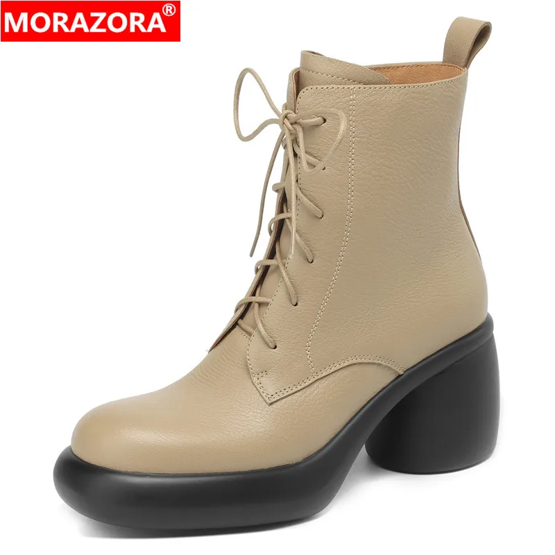 

MORAZORA 2024 New Genuine Leather Boots Women Round High Heels Lace Up Platform Boots Fashion Elegant Ankle Boots Female Shoes