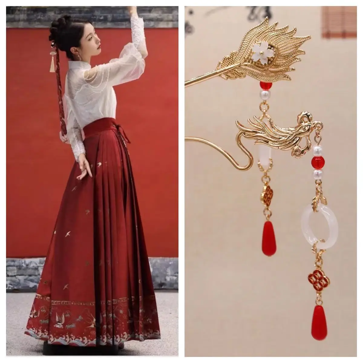 TikTok popular Chinese style dragon and phoenix tassel temperament New Year red super good-looking hairpin