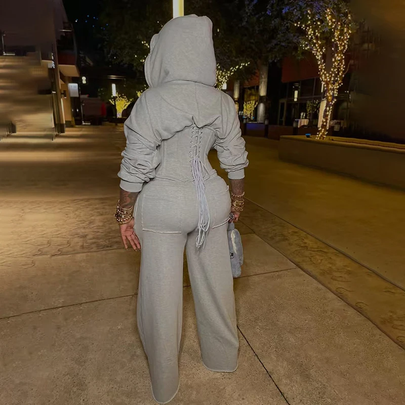 BKLD Sexy Fishbone Waist-cinching Zipper Long Sleeve Hoodies And Pockets Wide Leg Pants Solid Color Trendy Two-pieces Streetwear