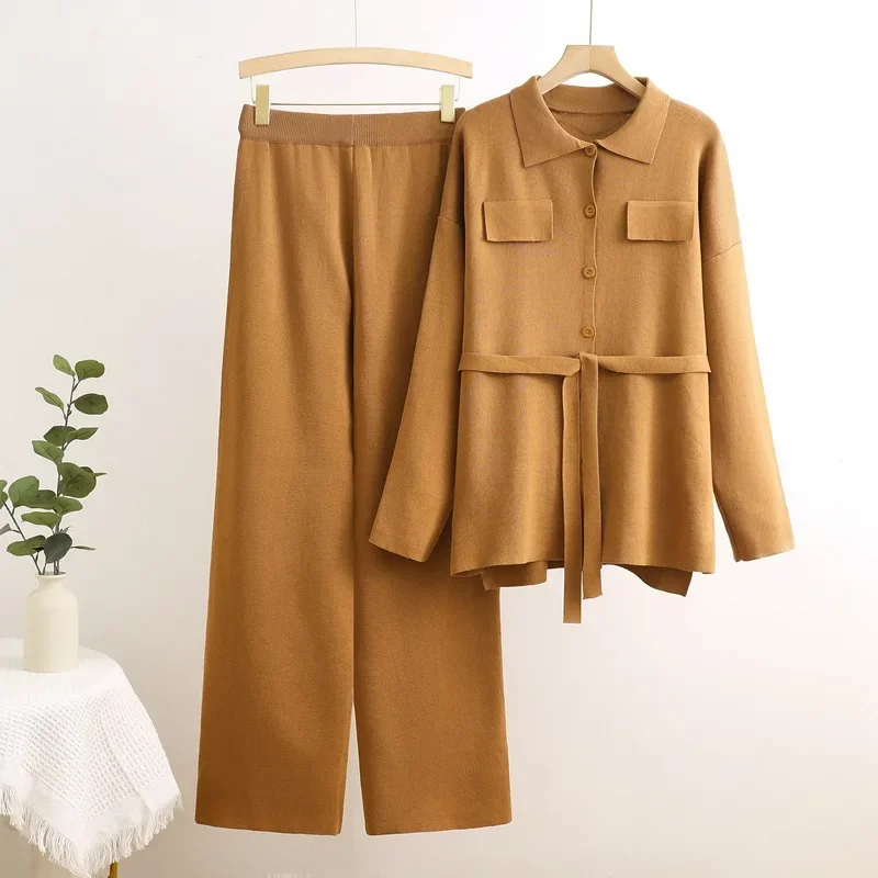 

Chic Design Knitted 2 Pieces Sets Casual High Waist Pants Outfit Women Lapel Neck Single Breasted Knitwears Cardigan Tops Suits