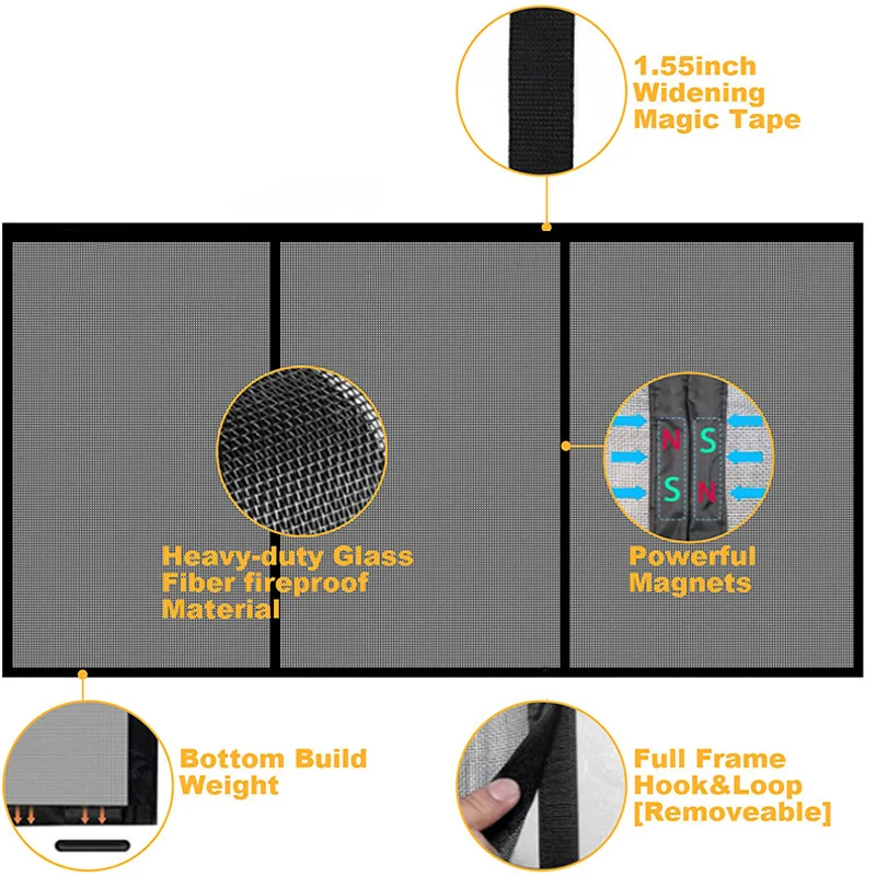 Magnetic Mosquito Net Door Screen for Garage Patio Sliding Gazebo Door Custom Size Black Fiberglass Extra Large Bug Screen Mesh