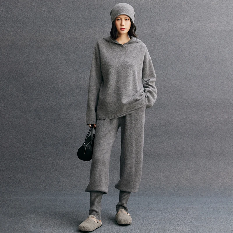 Hooded Pullover Cuffed Pants Full Set Women's 100% Cashmere Casual Fashion Set Sweater Autumn Winter Soft Comfortable Knit Set