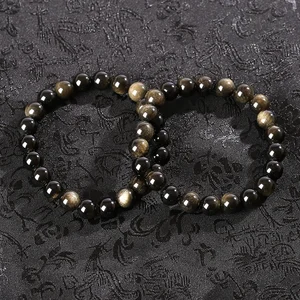 Natural dourado obsidiana pedra contas pulseira masculino feminino luz dourada arco-íris obsidiana pedra bruta grânulo redondo jóias de energia natural 10 principais vendas obsidiana pulseira - №3